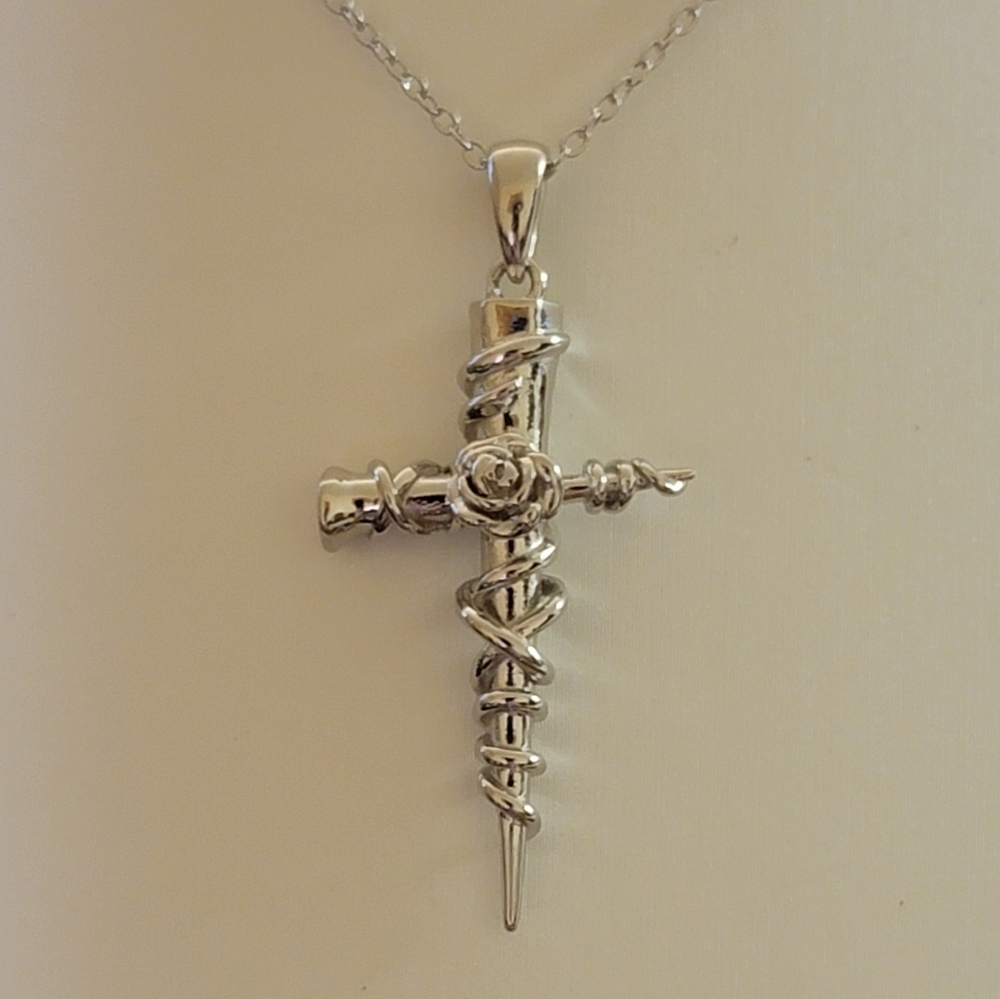 925 Sterling Silver Rose Cross Necklace 18+2in NWT